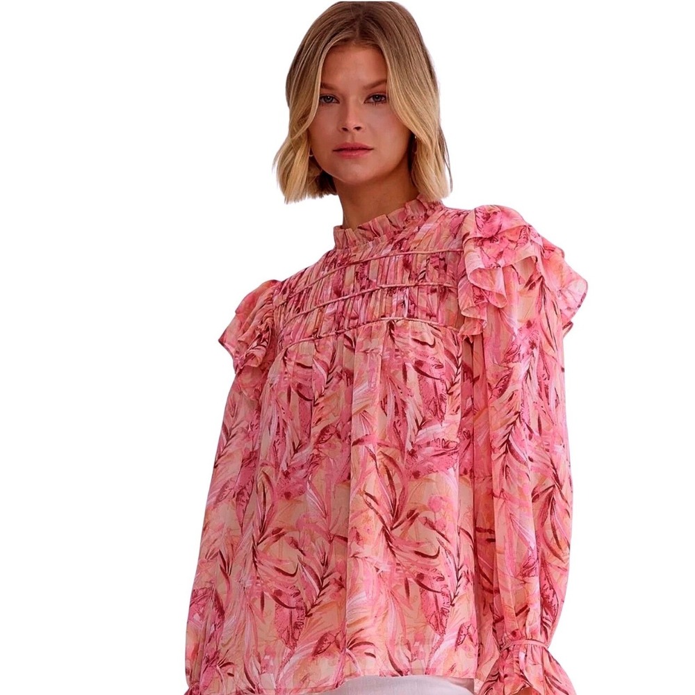Entro Ruthie Blouse Blush Pink Floral Mock Neck Ruffle Smocked Top T23001 NEW